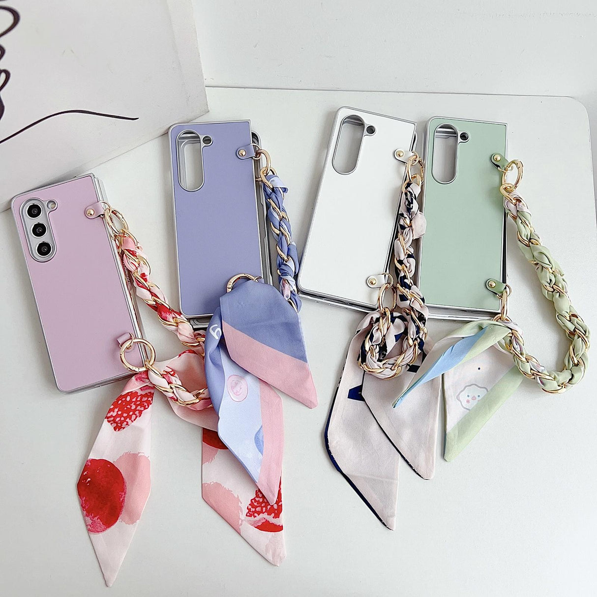 For Samsung Galaxy Z Fold4 5G Leather Phone Case With Metallic Paint And Scarf Bracelet - Pink