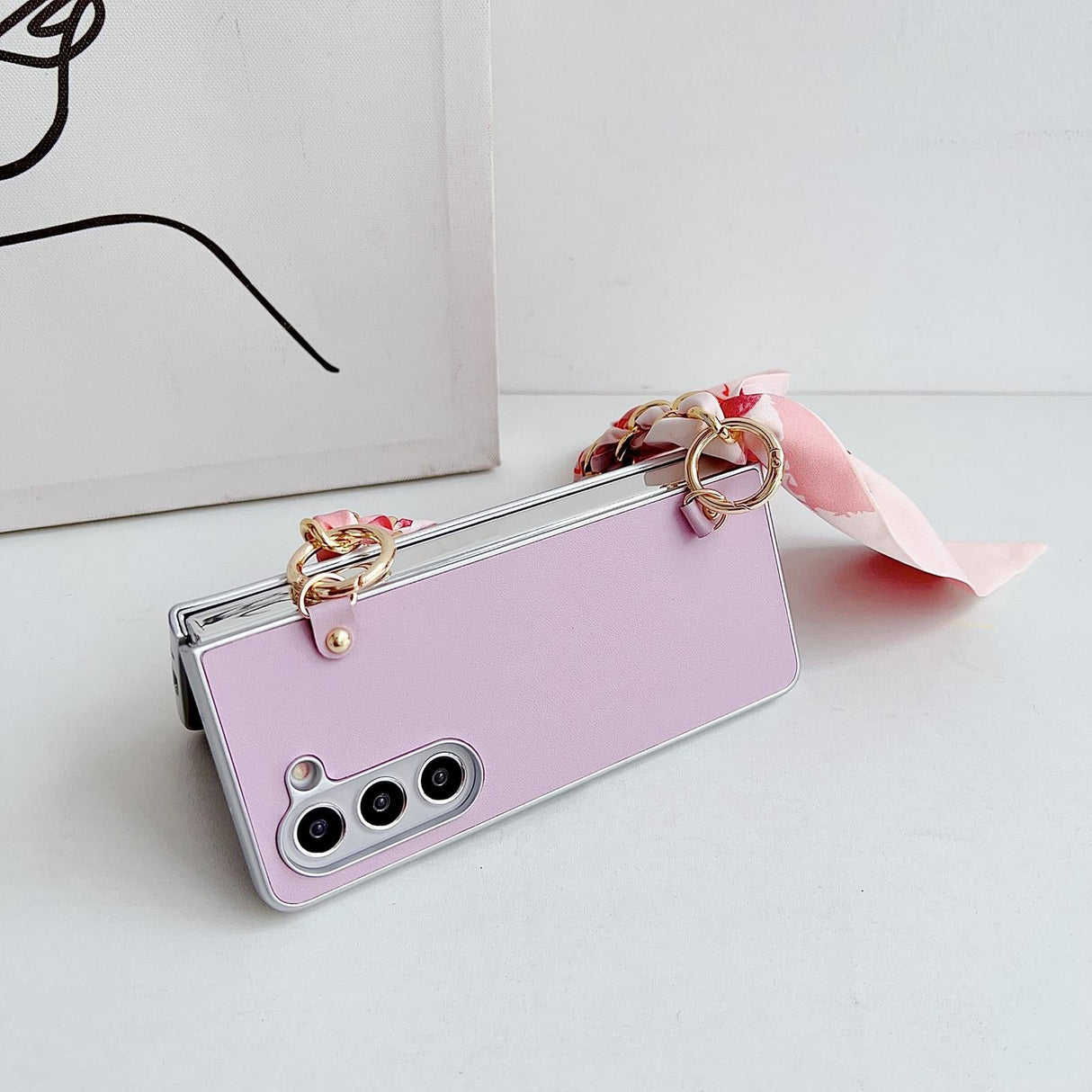 For Samsung Galaxy Z Fold4 5G Leather Phone Case With Metallic Paint And Scarf Bracelet - Pink