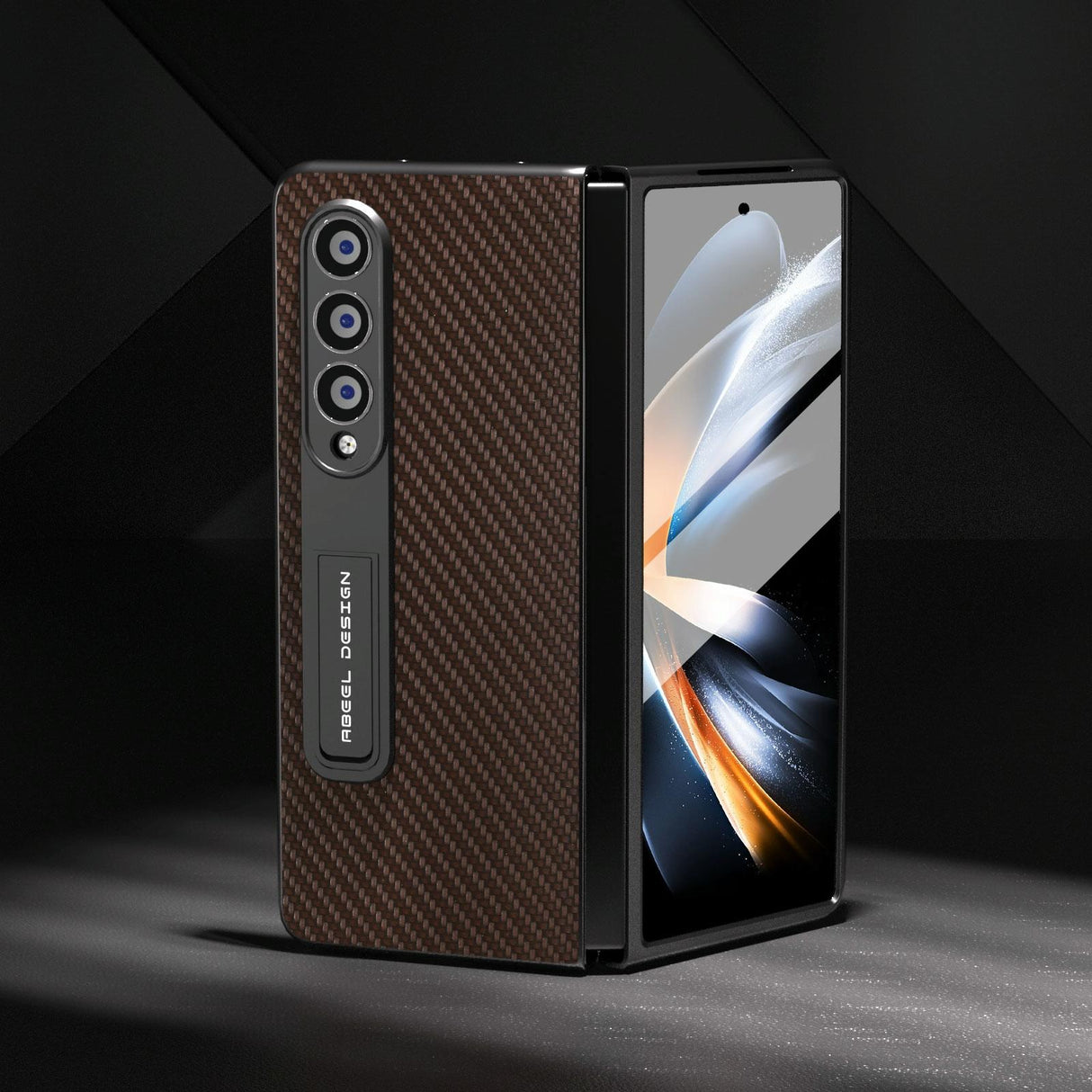 For Samsung Galaxy Z Fold4 5G Carbon Fiber Phone Case With Holder - Brown