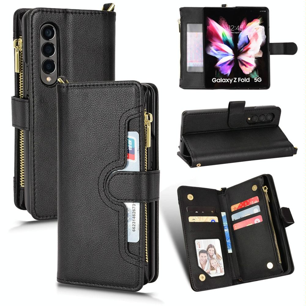 For Samsung Galaxy z Fold4 5G Zipper Leather Phone Case with Litchi Texture - Black