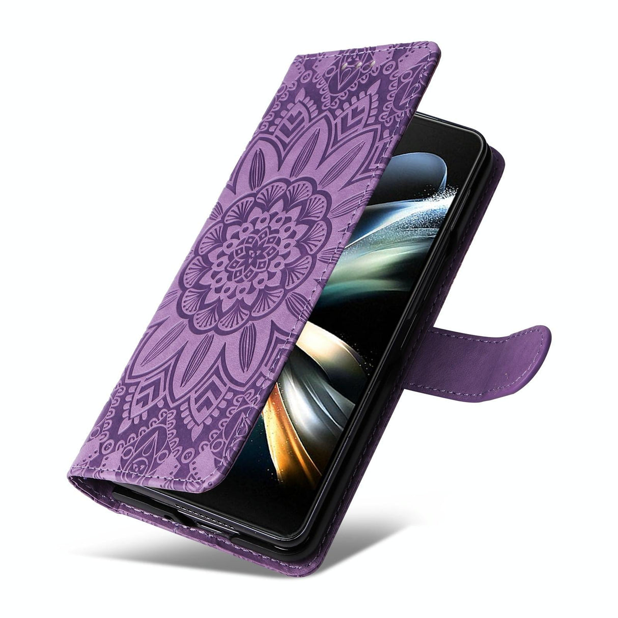 For Samsung Galaxy Z Fold4 5G Sunflower Embossed Leather Phone Case - Red