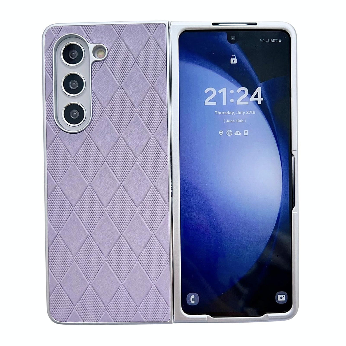 For Samsung Galaxy Z Fold4 5G Checkered Leather Phone Case With Pearlescent Finish - Brown