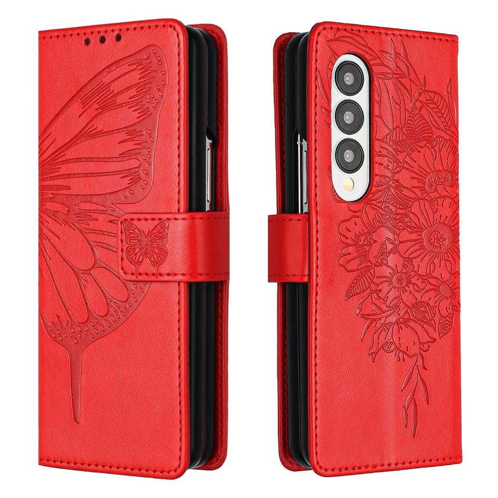 For Samsung Galaxy z Fold4 5G Butterfly Embossed Leather Phone Case - Red