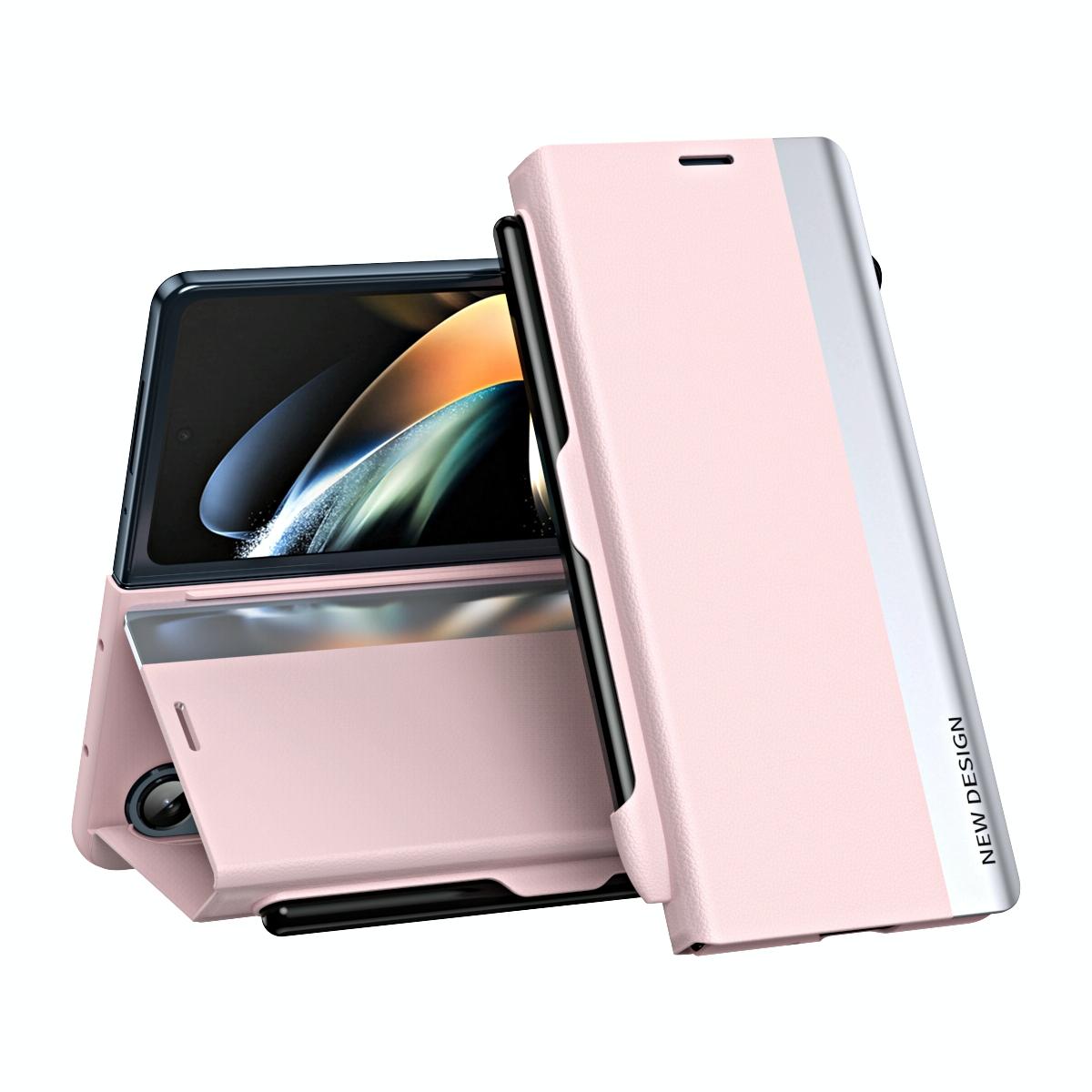 For Samsung Galaxy Z Fold4 5G Leather Phone Case With Pen Slot - Shockproof - Pink