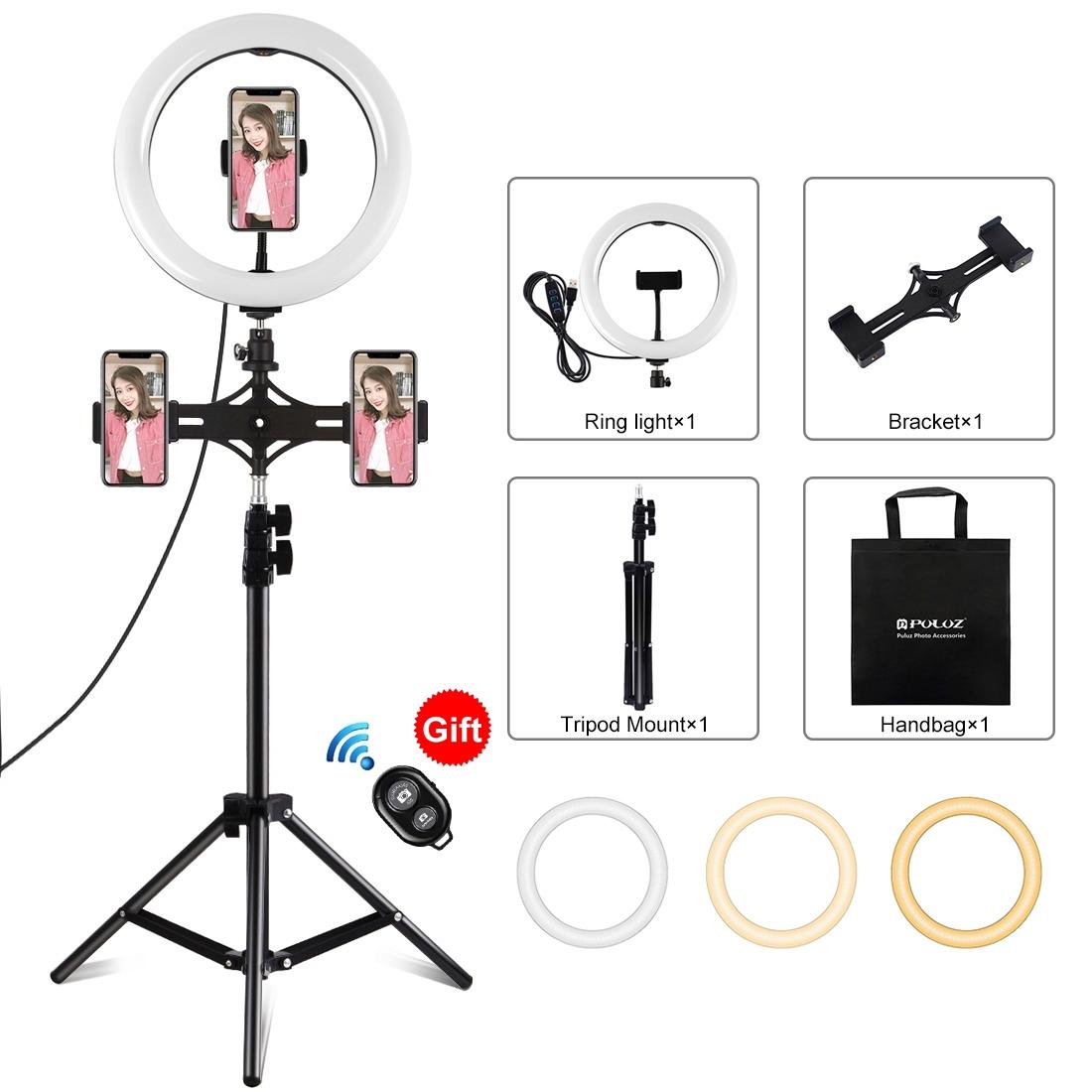 10.2 Led Ring Light with Tripod & Dual Phone Brackets - Usb Dimmable Dual Colour Temperature Selfie Remote - Black