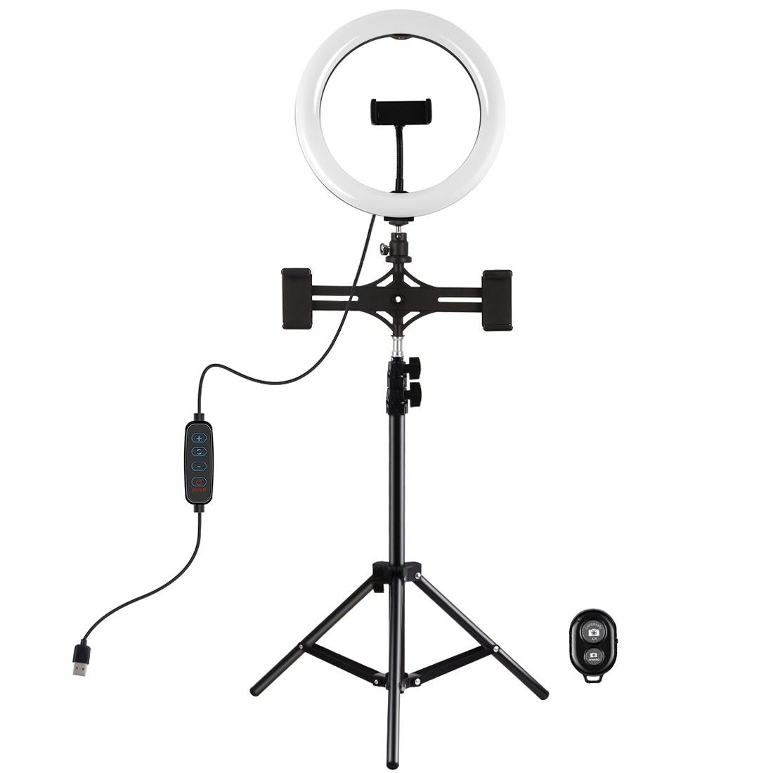 10.2 Led Ring Light with Tripod & Dual Phone Brackets - Usb Dimmable Dual Colour Temperature Selfie Remote - Black