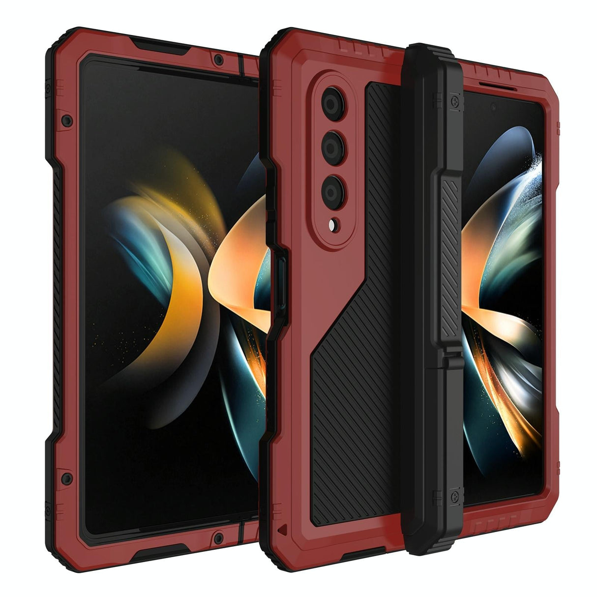 For Samsung Galaxy Z Fold4 5G Waterproof Metal Phone Case With Folding Holder - Red