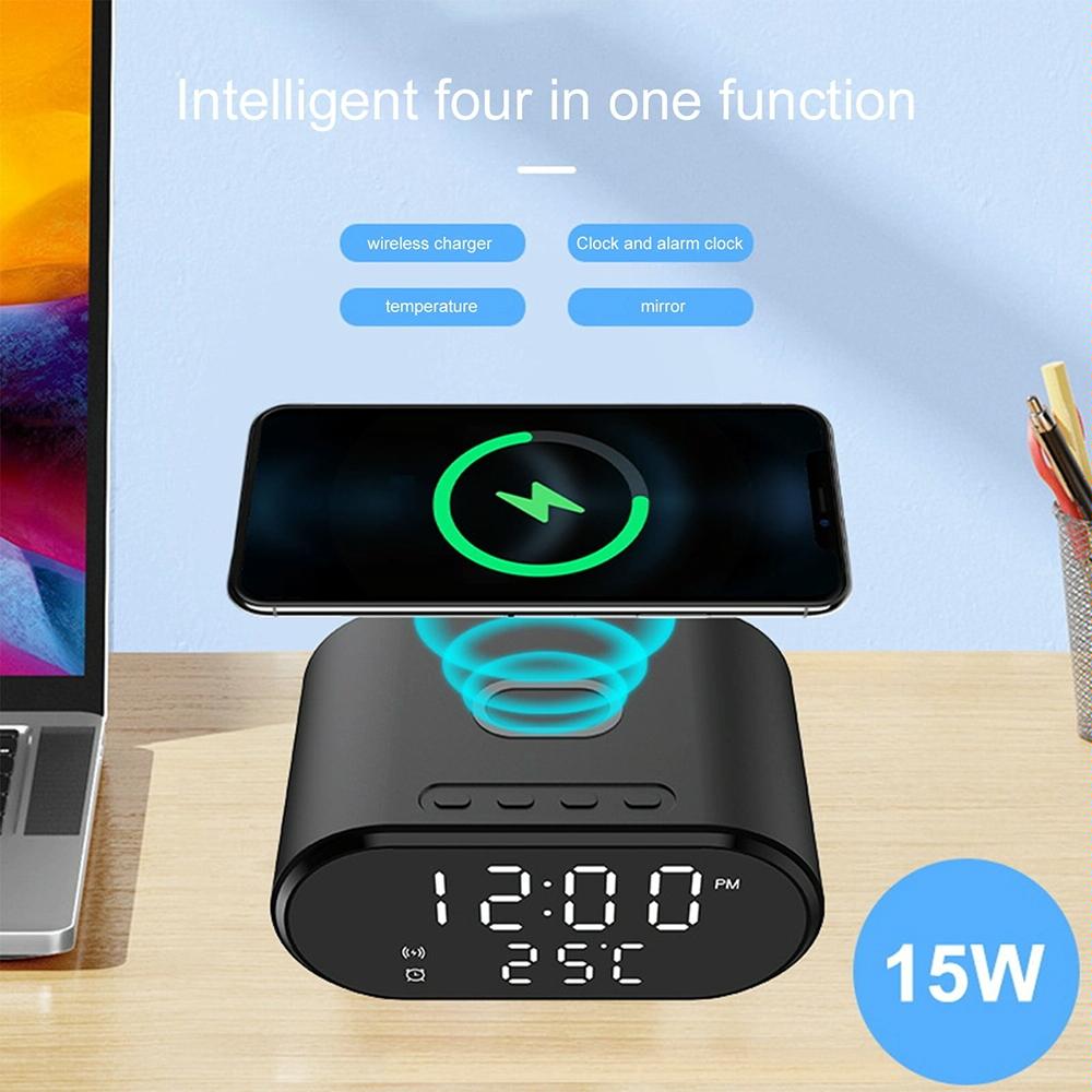 15W Wireless Charger With Mirror & Clock - White