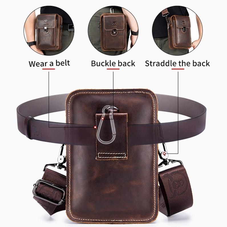 Men First Layer Cowhide Waist Bag Multi Function - Brown
