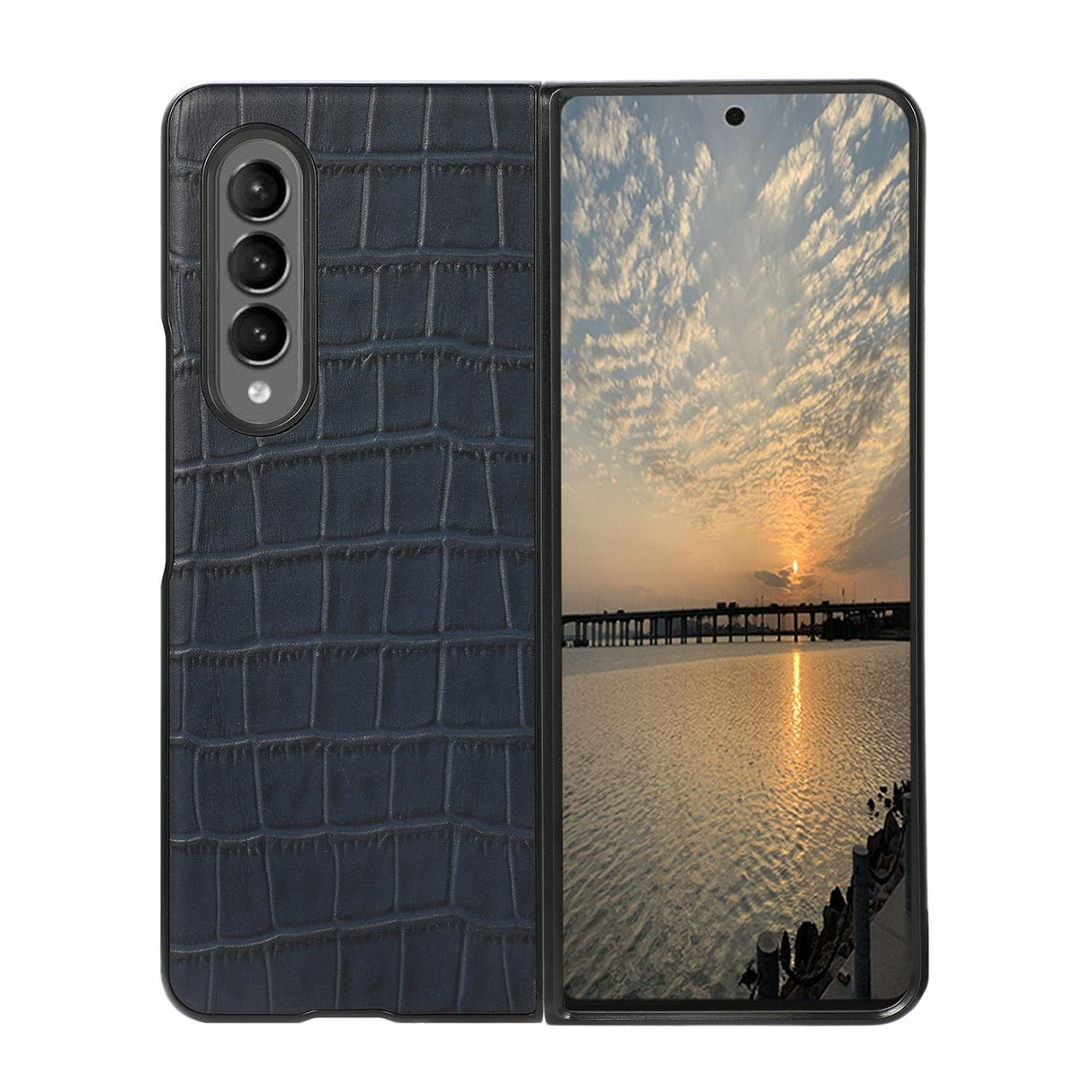 For Samsung Galaxy Z Fold4 5G Genuine Leather Crocodile Texture Phone Case - Blue