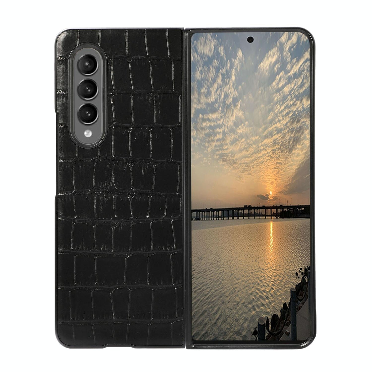 For Samsung Galaxy Z Fold4 5G Genuine Leather Crocodile Texture Phone Case - Blue