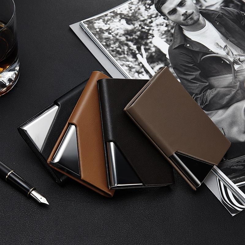 Stainless Steel Business Card Holder Men Leather Clamp - Brown