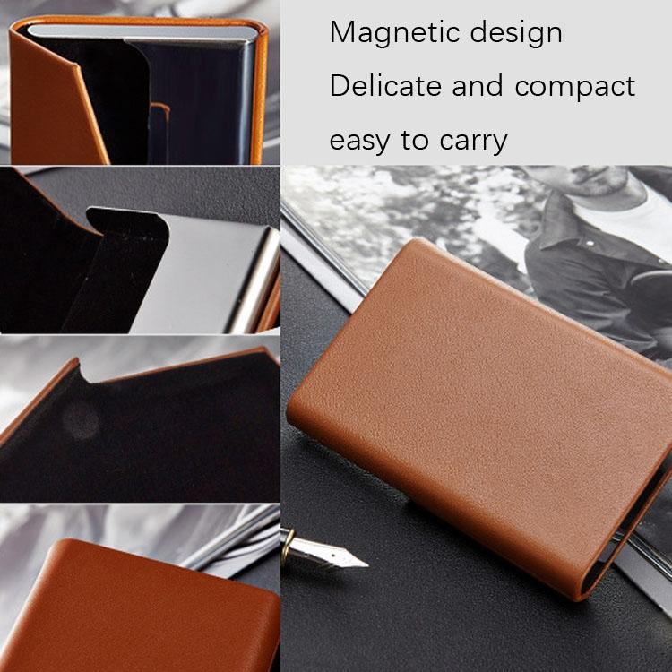 Stainless Steel Business Card Holder Men Leather Clamp - Brown