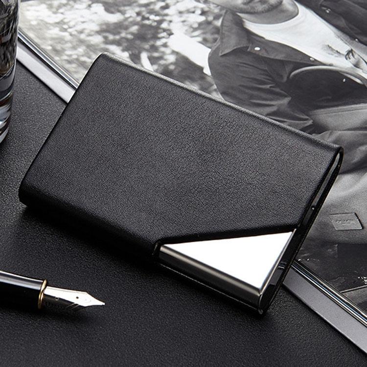 Stainless Steel Business Card Holder Men Leather Clamp - Brown