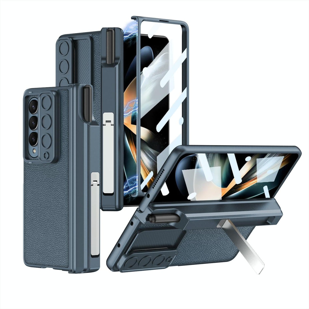 For Samsung Galaxy Z Fold4 5G Magnetic Leather Flip Case With Holder - Blue