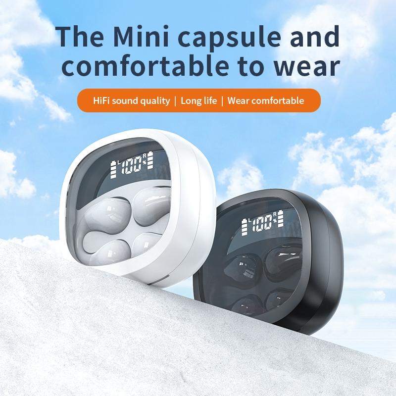 Smart Digital Display Bluetooth Earphones with Transparent Capsule Design - White
