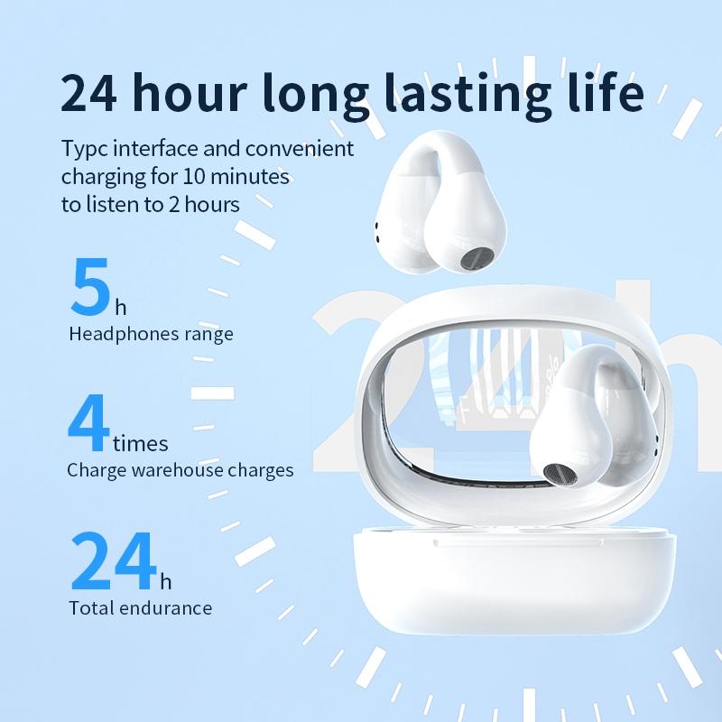 Smart Digital Display Bluetooth Earphones with Transparent Capsule Design - White