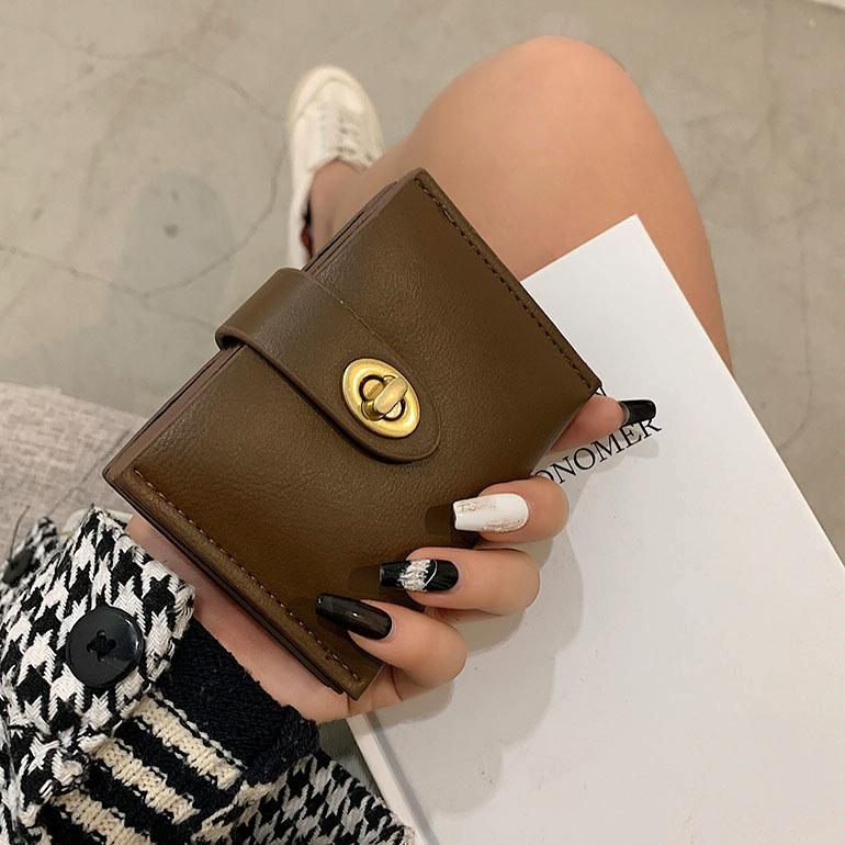 Mini Retro Lock Coin Purse Multi Slot Pu Leather Card Bag - Coffee