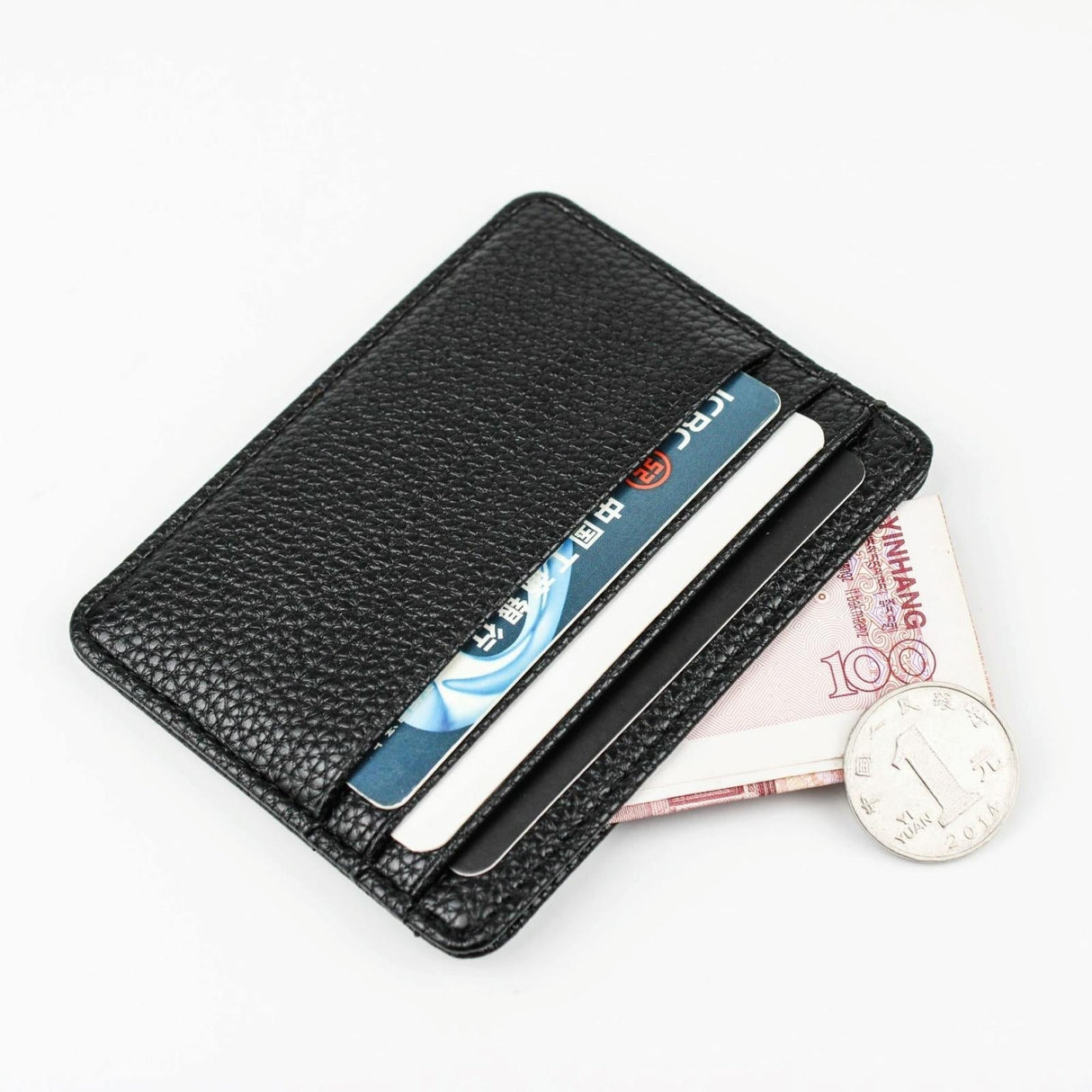 Lychee Pattern Mini Card Holder Multi Card Slots Ultra Thin Coin Purse - Black