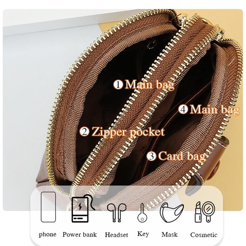 Oil Wax Leather Double Zip Crossbody Phone Bag - Black