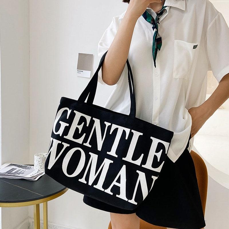 Black Women Canvas Shoulder Tote Printed Letters