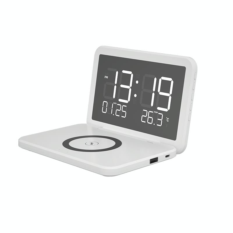 Foldable Desk Calendar Clock With Wireless Charger & Alarm - White