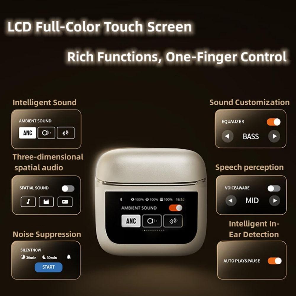 Wireless Bluetooth Earphones with Touch Screen and Active Noise Reduction - Gold