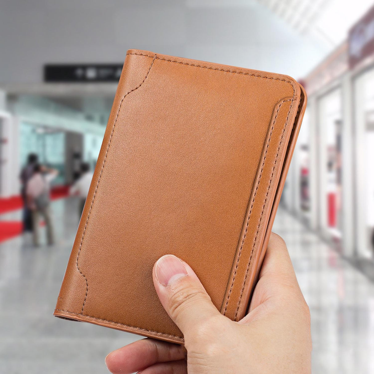 Cowhide Passport Wallet Multifunctional Card Holder Brown