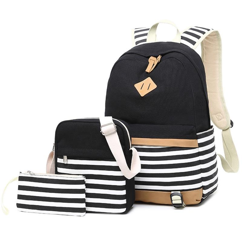 Printed Canvas Backpack Set - 3 Pieces - Black
