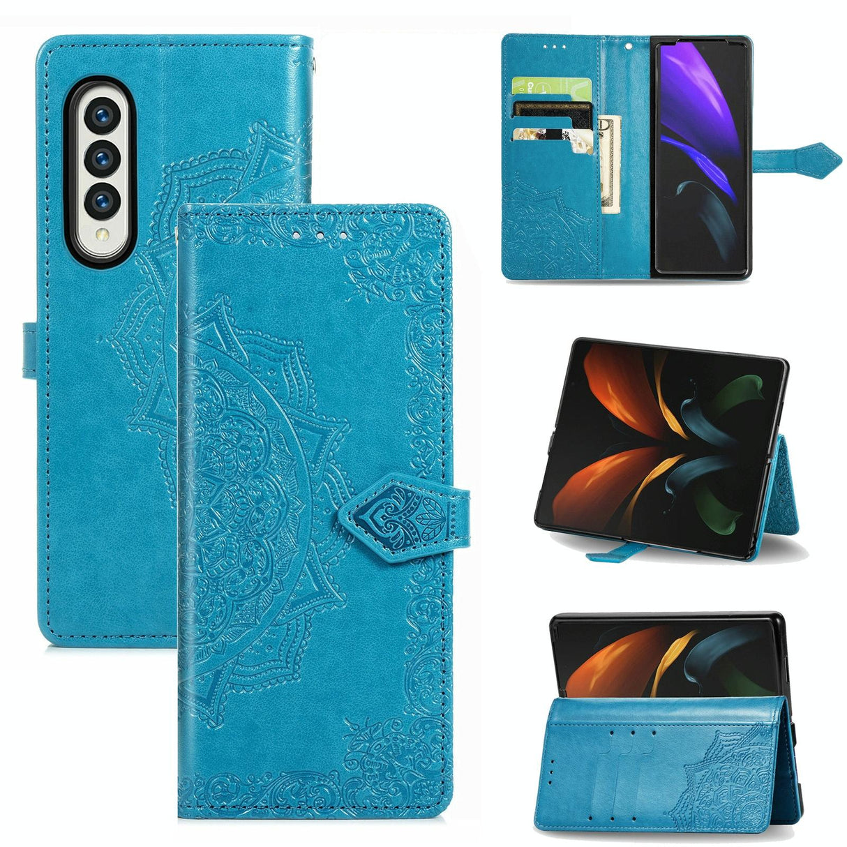 For Samsung Galaxy Z Fold4 5G Embossed Mandala Leather Phone Case - Blue