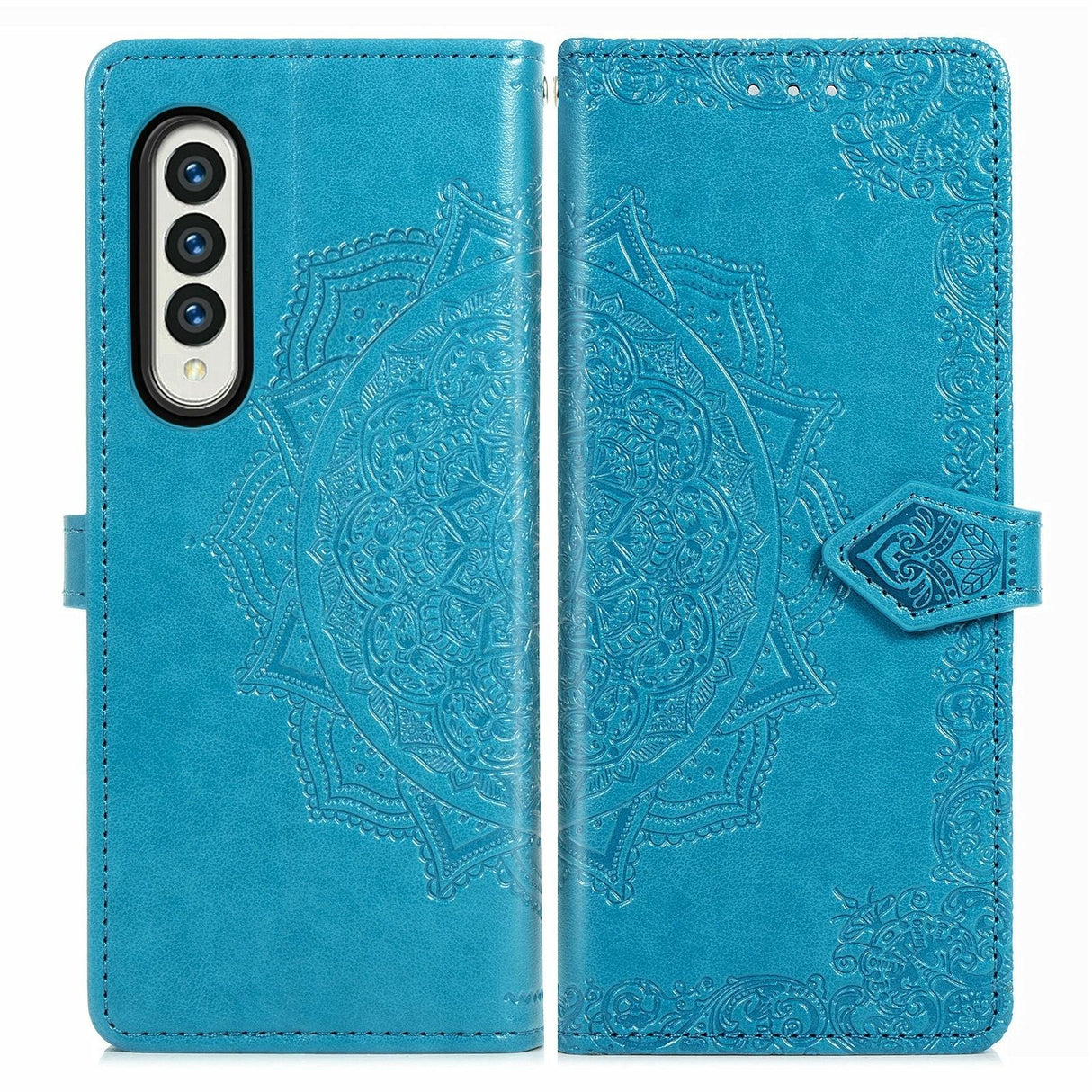 For Samsung Galaxy Z Fold4 5G Embossed Mandala Leather Phone Case - Blue