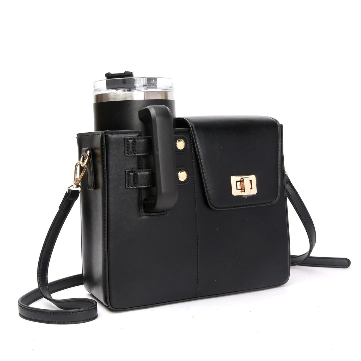 Leather Shoulder Bag For Water Bottles Fits Most Brands - Black