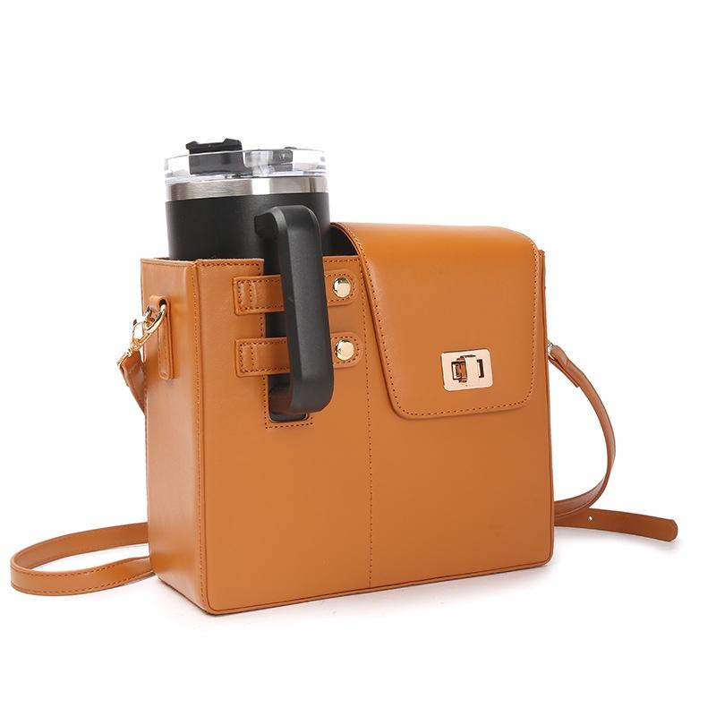 Leather Shoulder Bag For Water Bottles Fits Most Brands - Black