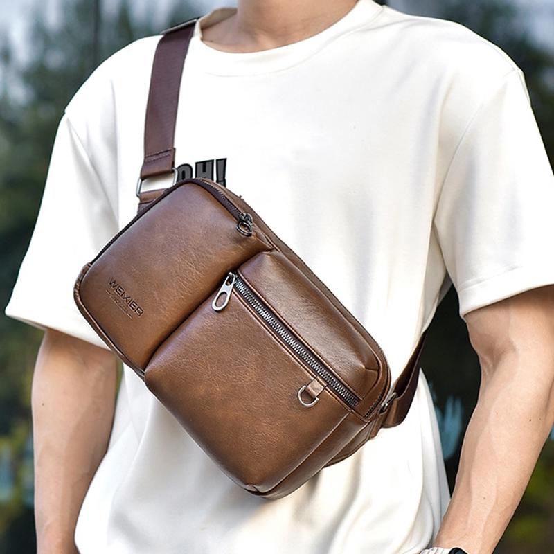 Large Capacity Men Crossbody Bag Casual Pu Messenger - Brown
