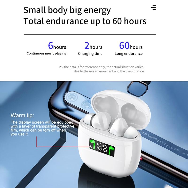 Waterproof Wireless Bluetooth Earbuds with Led Display and Hifi Sound - White