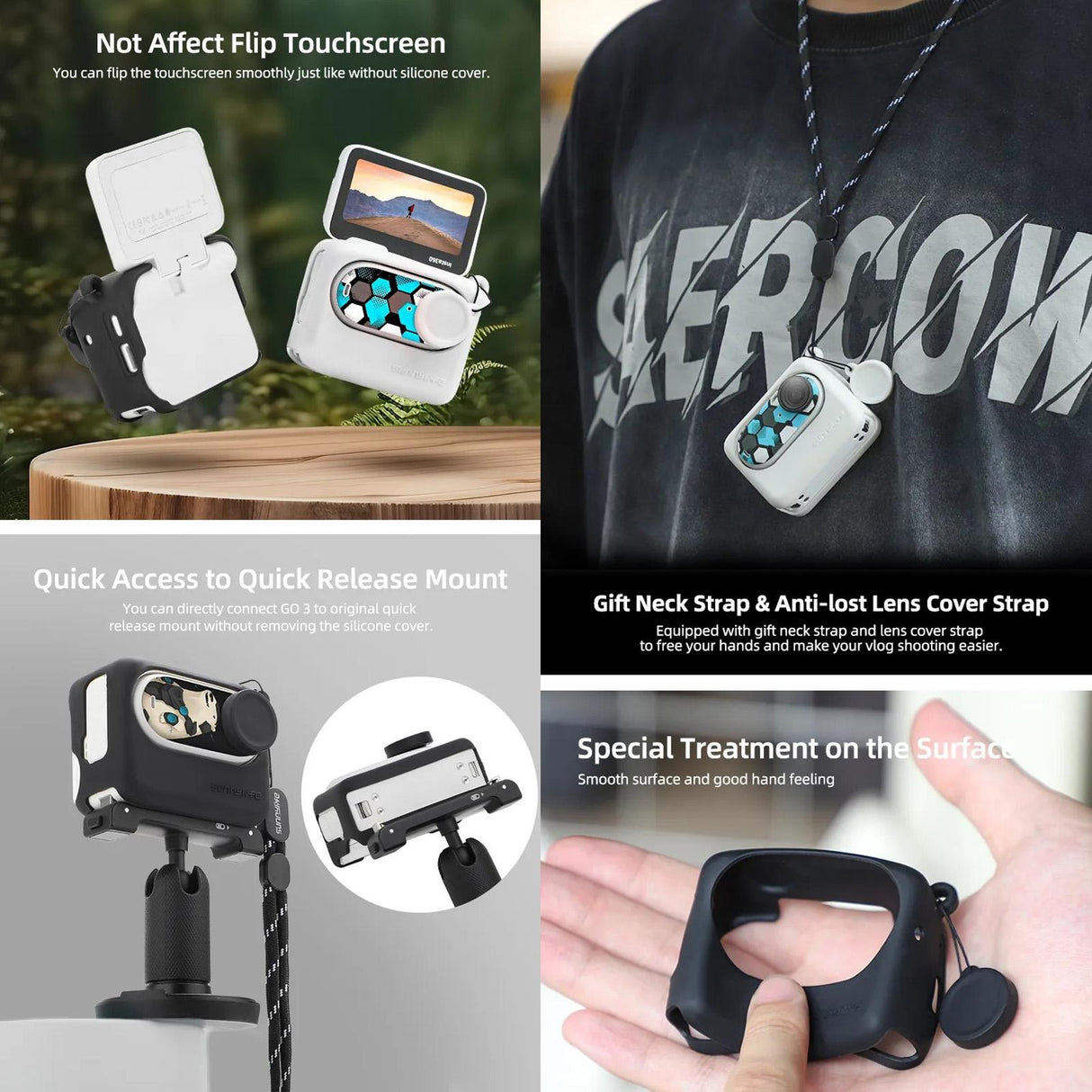 Silicone Case for Insta360 Go 3 with Neck Strap and Skin Wrap - Black