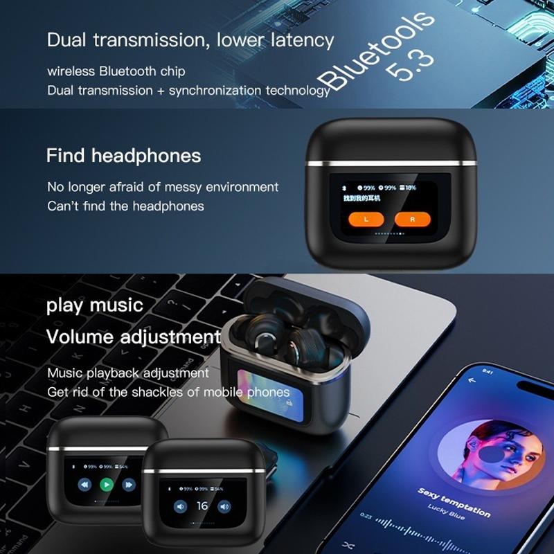 Wireless Anc Bluetooth Earphones with Touch Screen and Active Noise Reduction - Black
