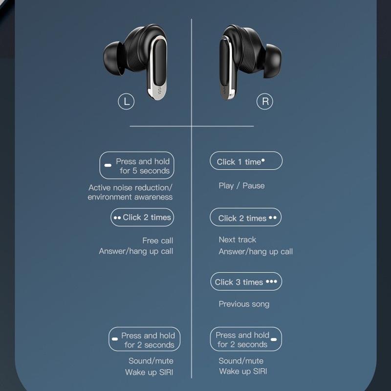 Wireless Anc Bluetooth Earphones with Touch Screen and Active Noise Reduction - Black