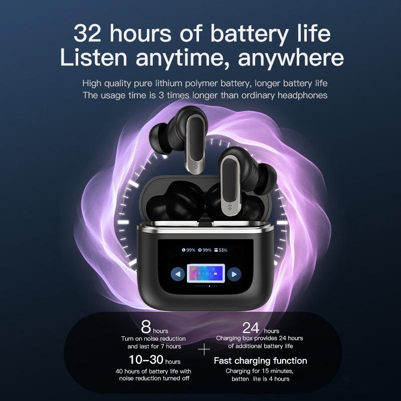 Wireless Anc Bluetooth Earphones with Touch Screen and Active Noise Reduction - Black