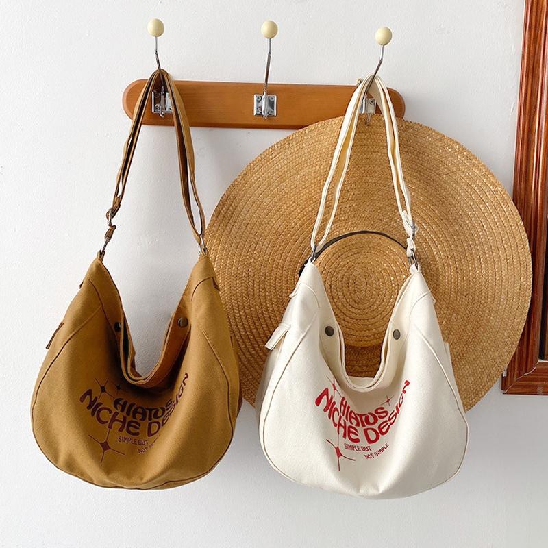Printed Letter Canvas Tote For Women Spacious & Casual - Khaki