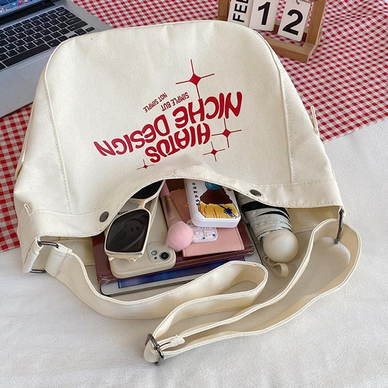 Printed Letter Canvas Tote For Women Spacious & Casual - Khaki