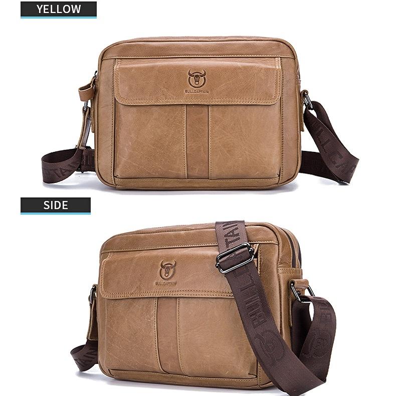 Men Leather Shoulder Bag Double Layer - Beige