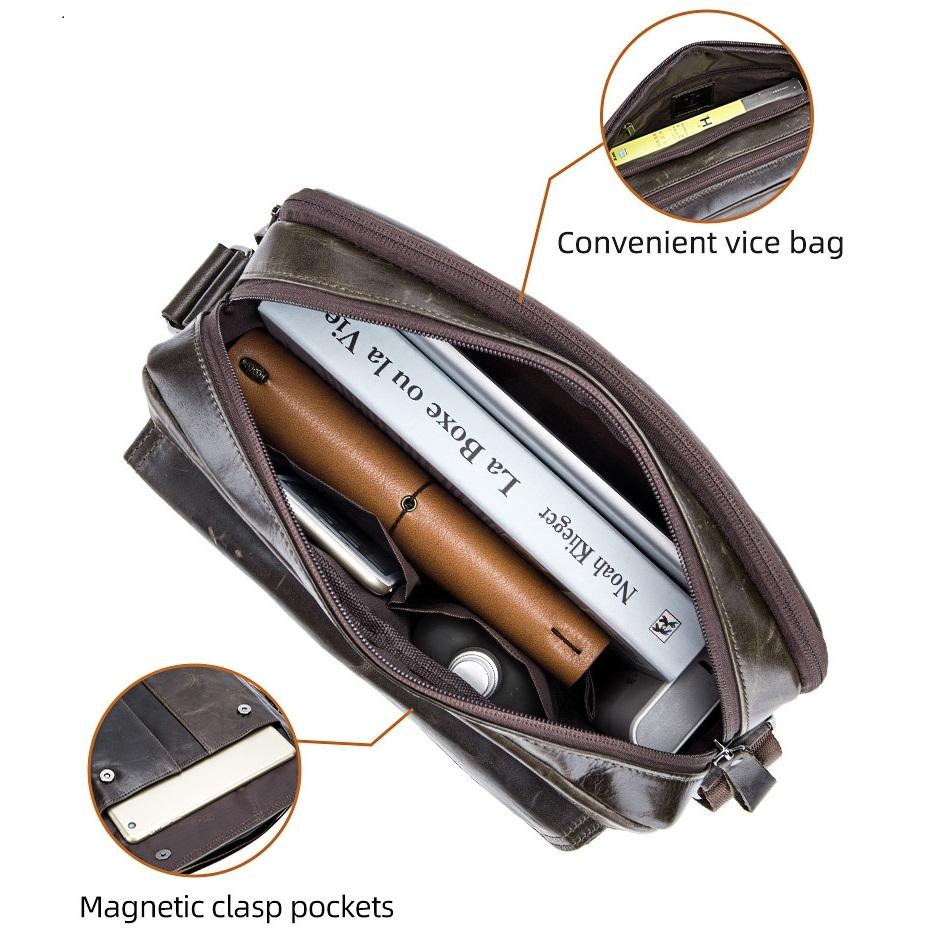 Men Leather Shoulder Bag Double Layer - Beige