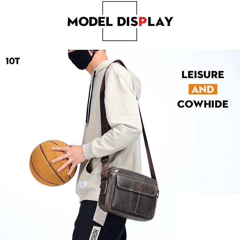 Men Leather Shoulder Bag Double Layer - Beige