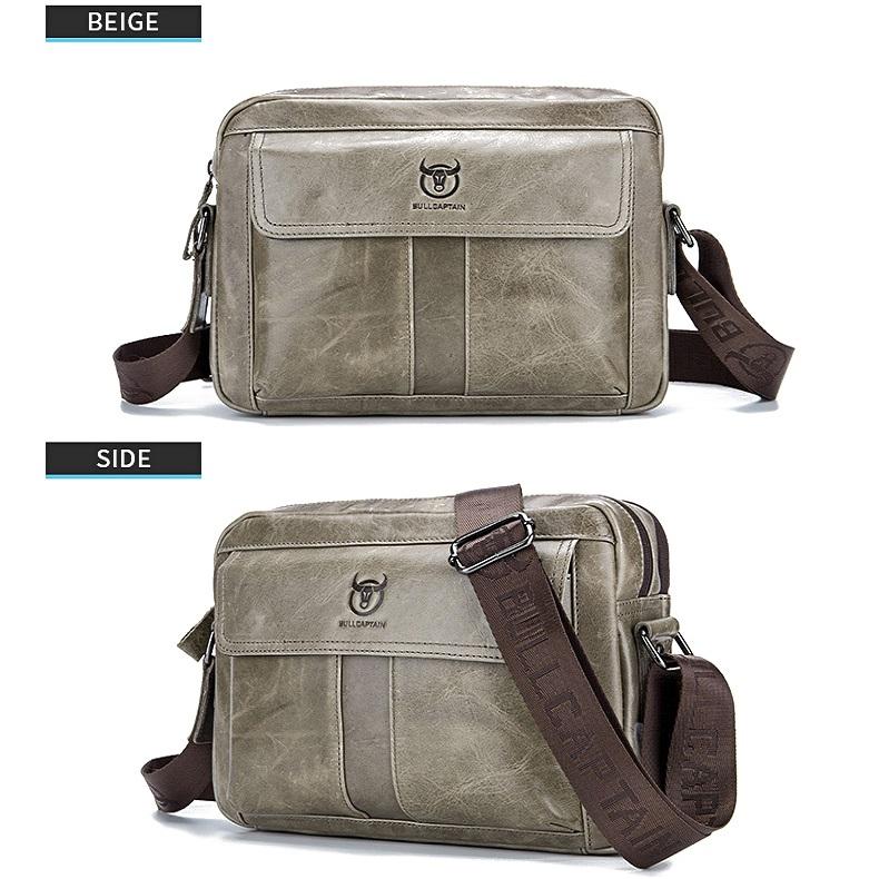 Men Leather Shoulder Bag Double Layer - Beige