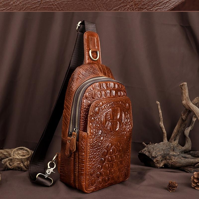 Leather Men Crossbody Bag - Light Brown
