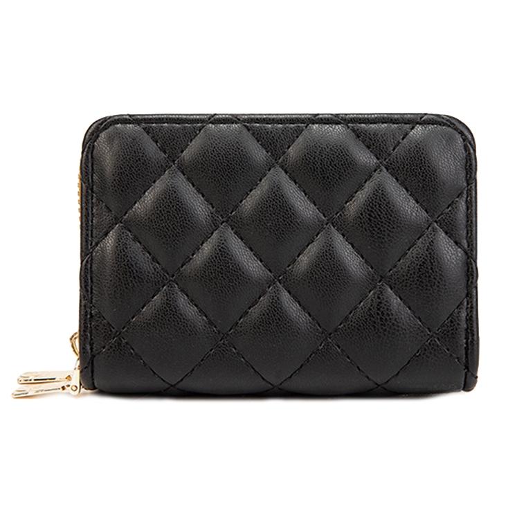 Double Layer Zipper Wallet Multi Card Slot Large Capacity Rhombus Design - Black