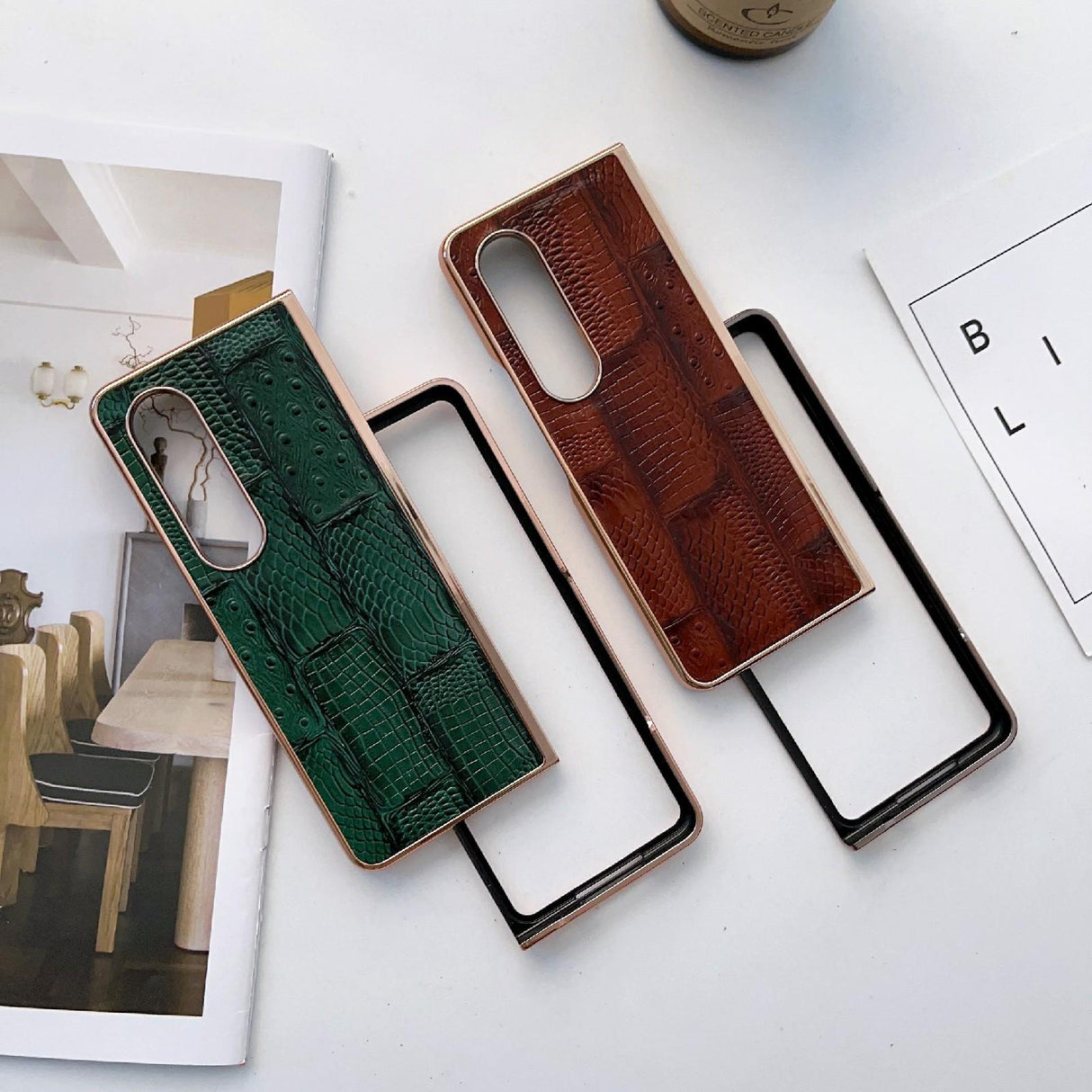 For Samsung Galaxy Z Fold4 5G Leather Mahjong Phone Case - Electroplated - Brown