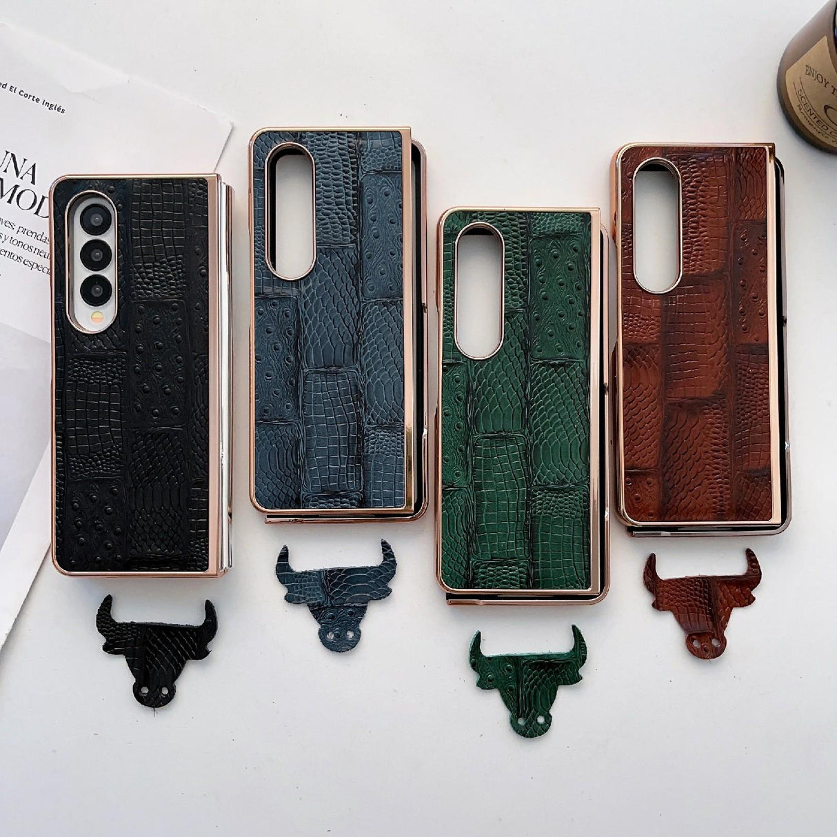 For Samsung Galaxy Z Fold4 5G Leather Mahjong Phone Case - Electroplated - Brown