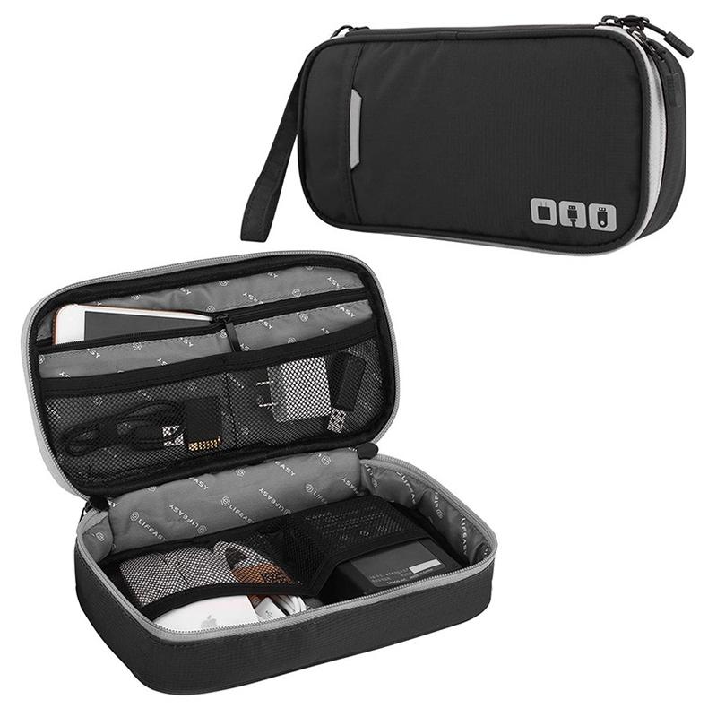 Portable Multi-functional Headphone Charger and Data Cable Storage Bag with Power Pack - 24 x 12 x 5cm - Black